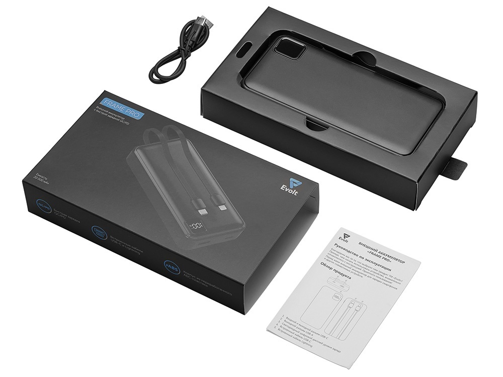 Внешний аккумулятор со встроенными кабелями Фрэйм Про, быстрая зарядка, 20000мач
